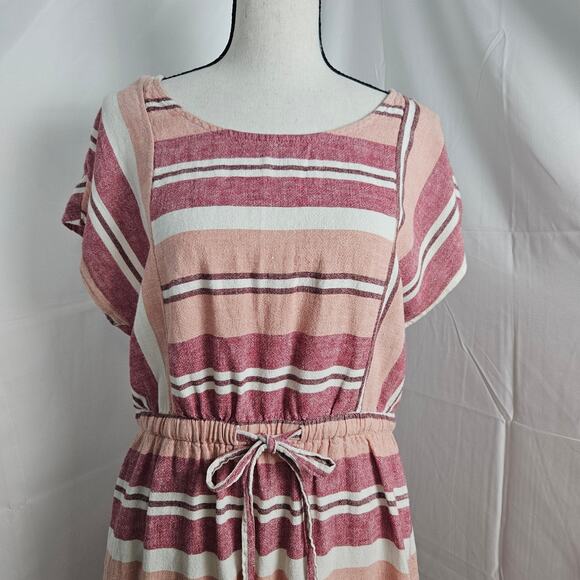 Old Navy Womens Sz Medium Pink Red Striped Linen Blend Dress Coastal Nautical - Picture 2 of 10